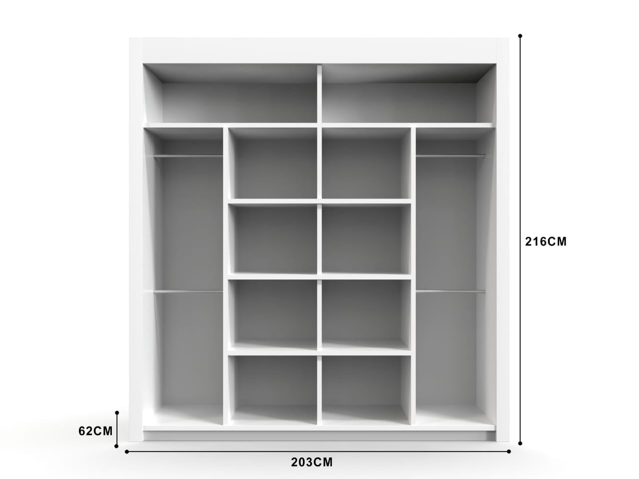 Closet organizer with dimensions labeled