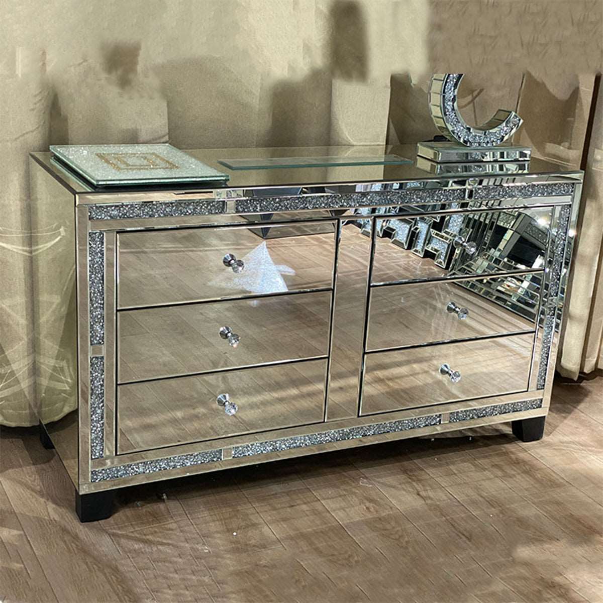 Luxury Mirrored Chest of Drawers – Diamond Crush 6 Drawers