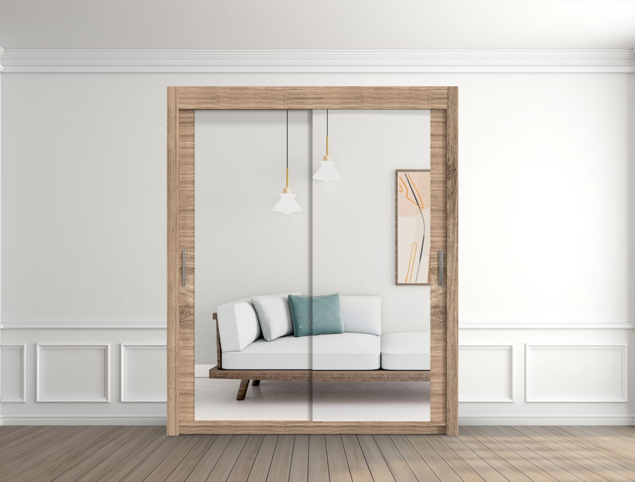 Wooden standing mirror with glass panels 