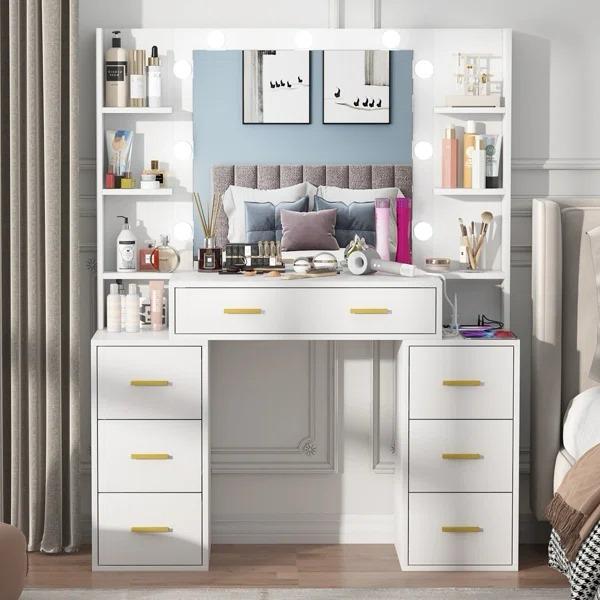 Makeup Desk Dressing Table with 9 LED Lights and Spacious Mirror - Ample Storage for Cosmetics and Jewellery