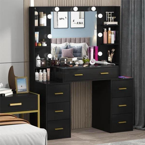 Makeup Desk Dressing Table with 9 LED Lights and Spacious Mirror - Ample Storage for Cosmetics and Jewellery