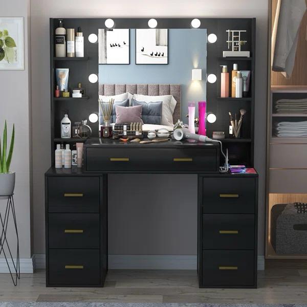 Makeup Desk Dressing Table with 9 LED Lights and Spacious Mirror - Ample Storage for Cosmetics and Jewellery