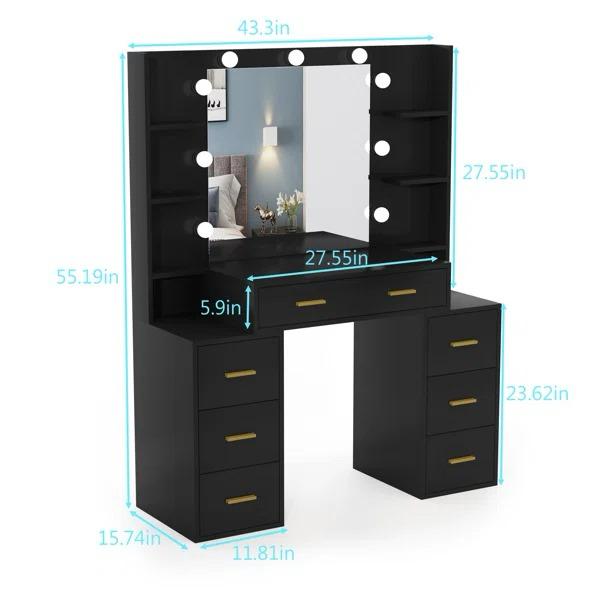 Makeup Desk Dressing Table with 9 LED Lights and Spacious Mirror - Ample Storage for Cosmetics and Jewellery