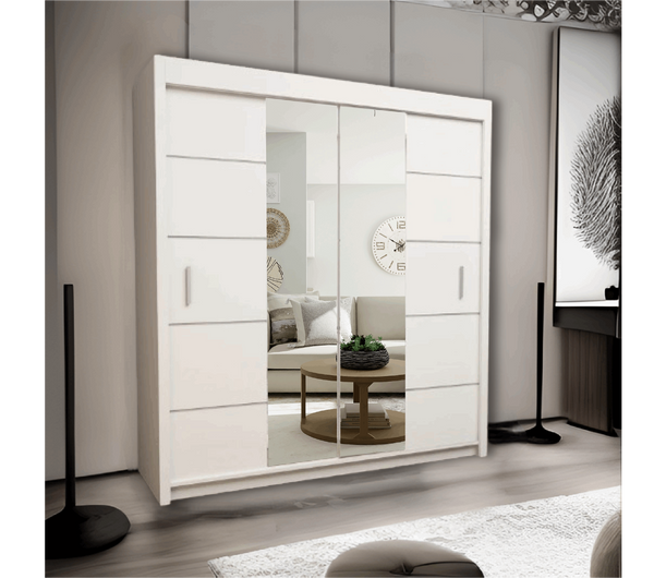 Oslo Mirror Sliding Wardrobe  for bedroom - Grey, White Oak, and Black