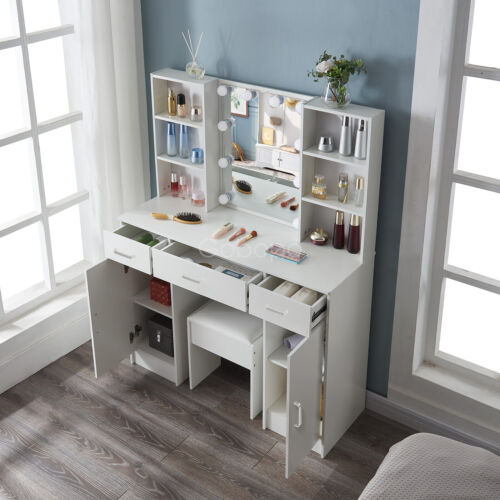 Makeup Desk Dressing Table with 9 LED Lights and Spacious Mirror - Ample Storage for Cosmetics and Jewellery