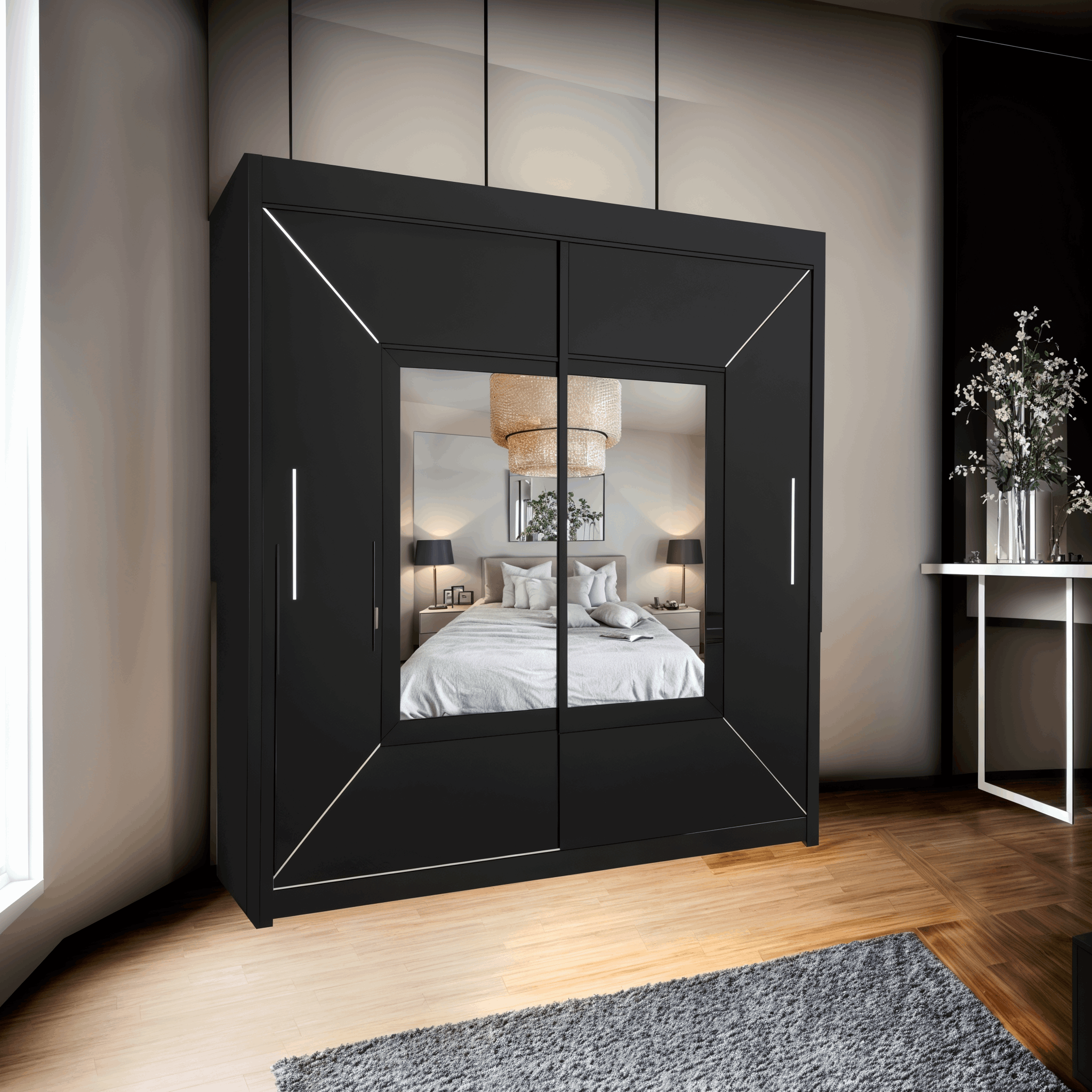 Venice Sliding Door Mirror Wardrobe - Grey, White, and Black - Modern Design - 2 Doors