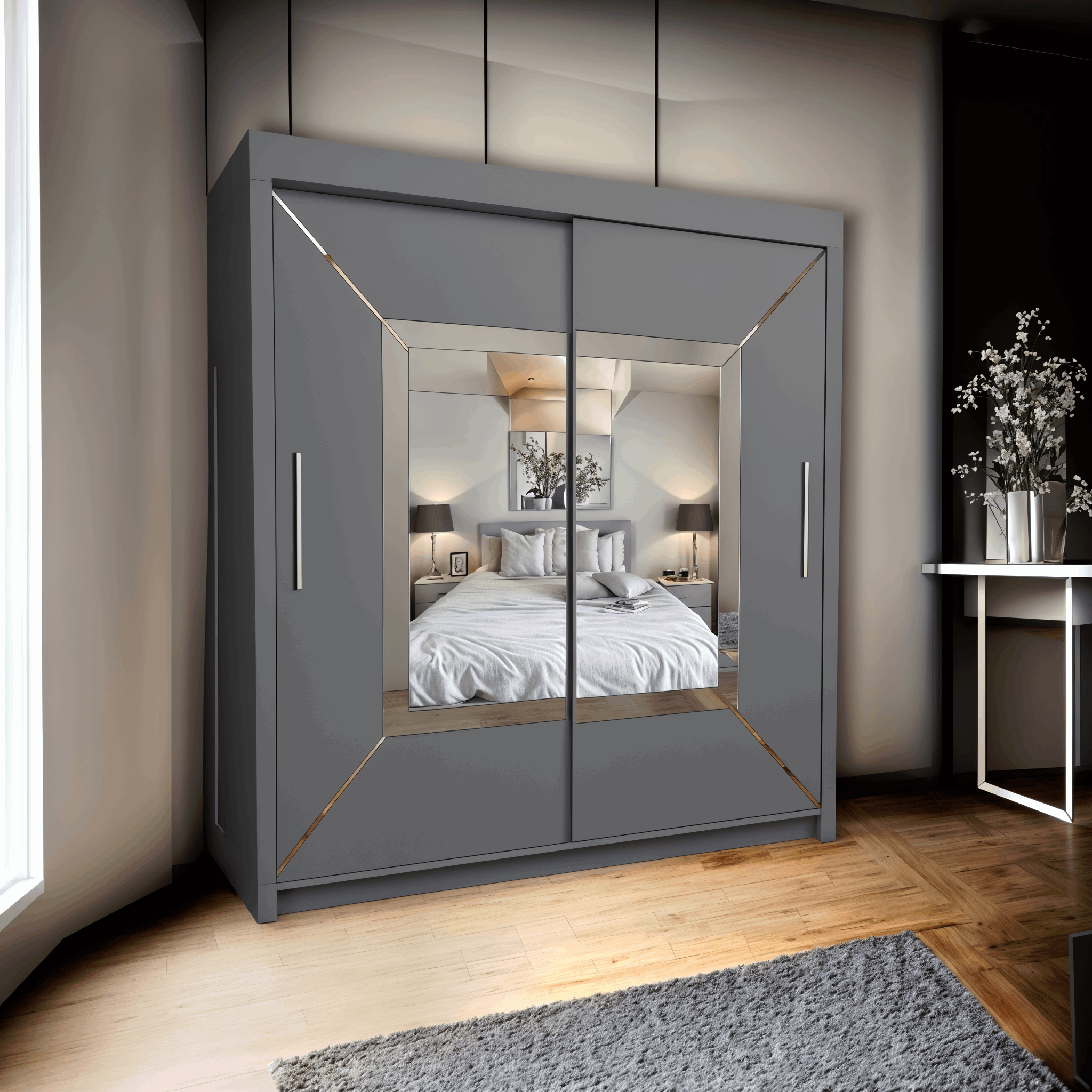 Venice Sliding Door Mirror Wardrobe - Grey, White, and Black - Modern Design - 2 Doors