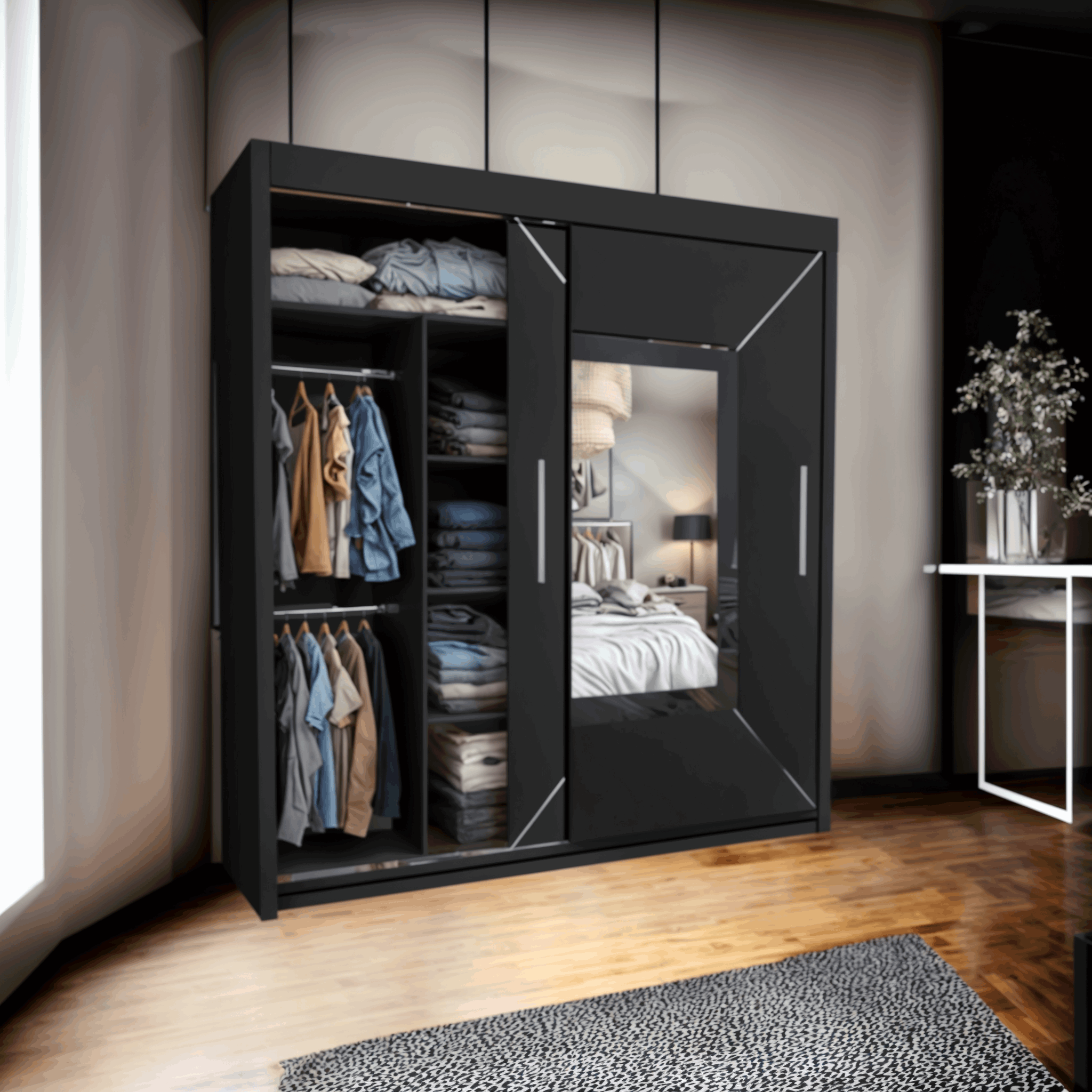 Venice Sliding Door Mirror Wardrobe - Grey, White, and Black - Modern Design - 2 Doors