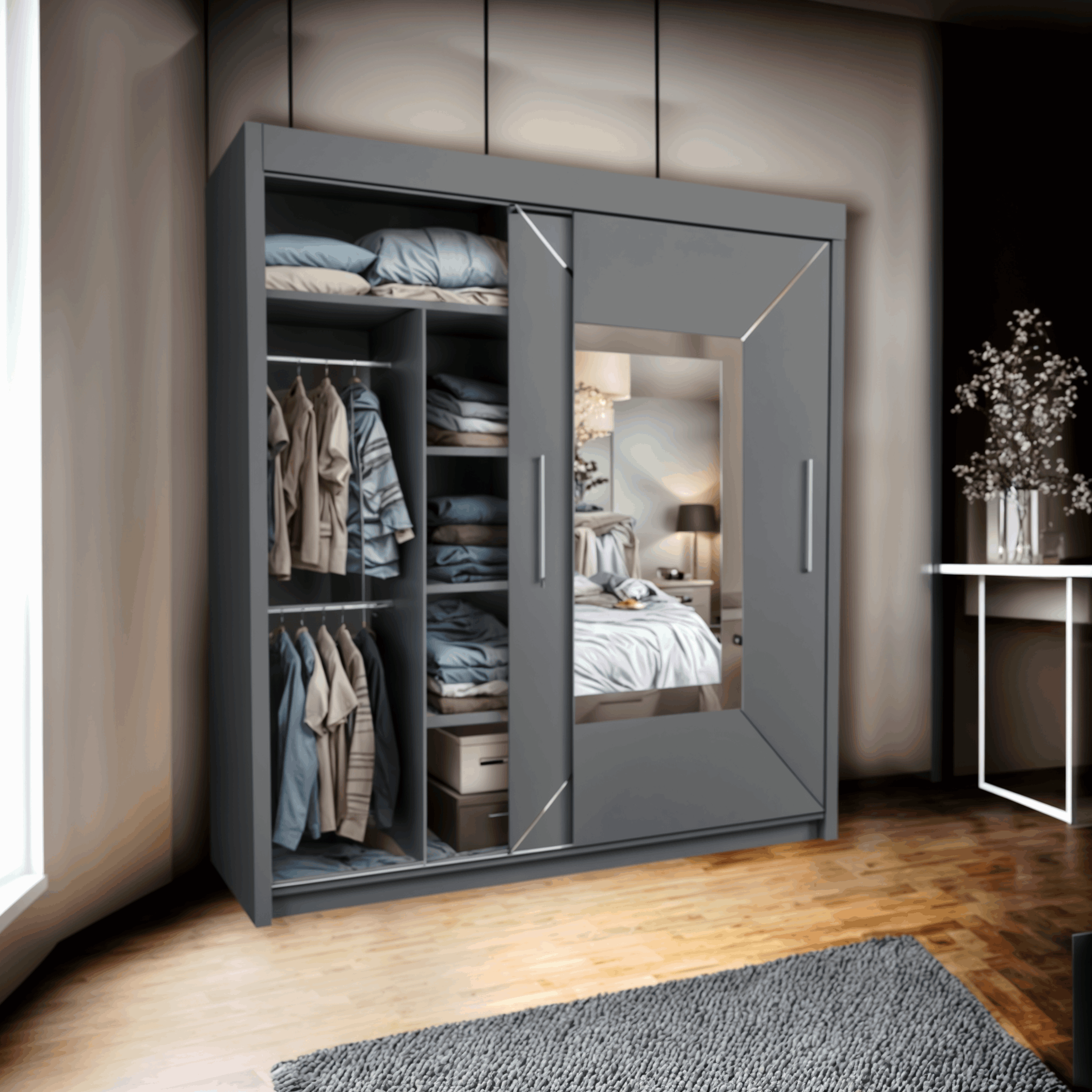 Venice Sliding Door Mirror Wardrobe - Grey, White, and Black - Modern Design - 2 Doors